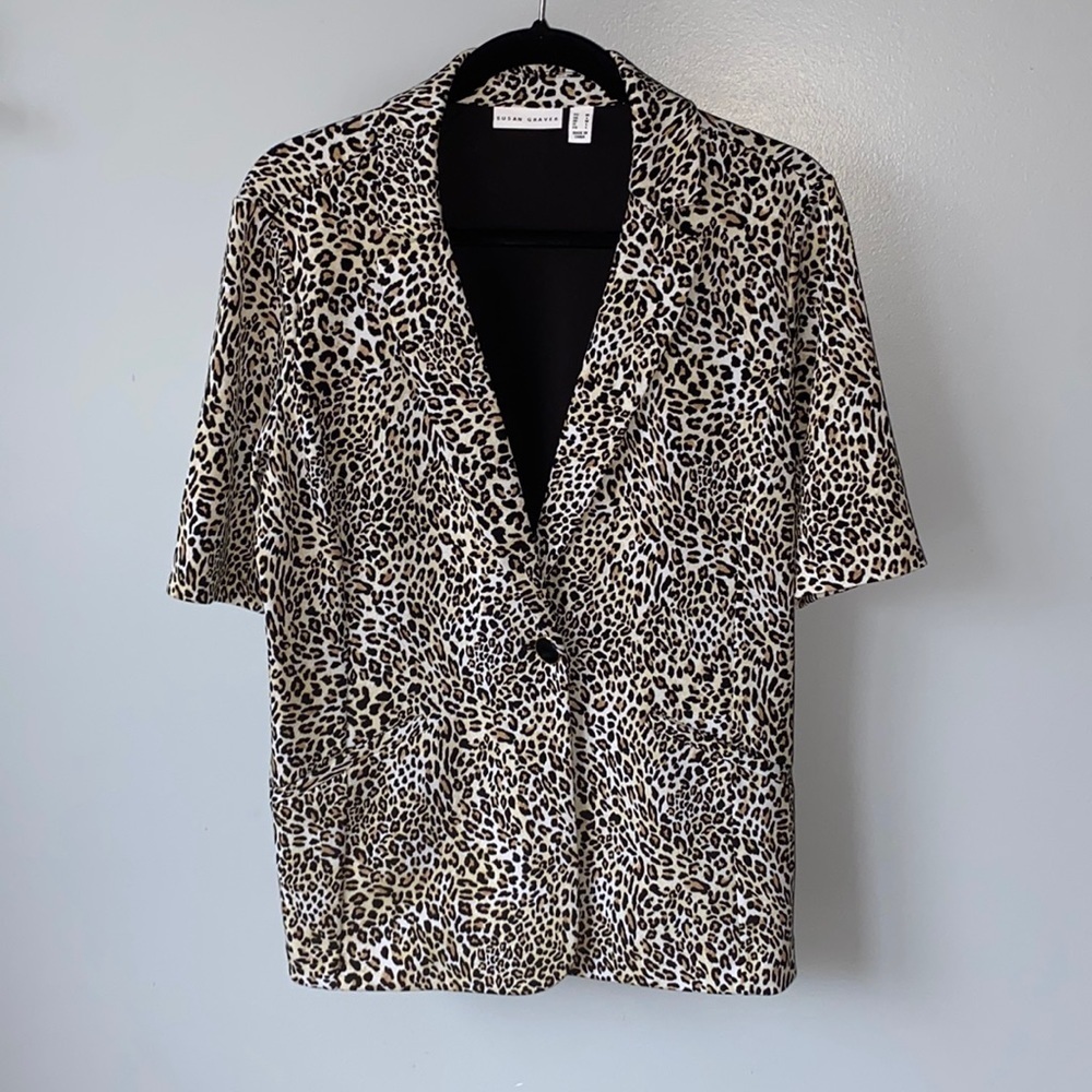 Leopard Print Susan Graver Printed Liquid Knit Fusion Short-Sleeve Blazer Sz M